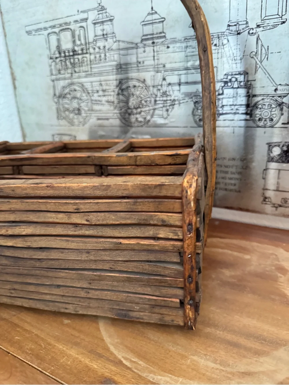 Vintage Farmhouse Wood Wicker Basket Woven Condiments Flatware Organizer Holder